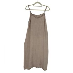 Francesca Bettini 100% Linen Beige Maxi Dress Made in Italy Ruffle Trim